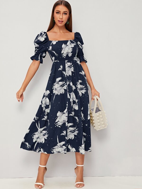 

Puff Sleeve Shirred Bodice Floral Print Dress, Navy, Hanna