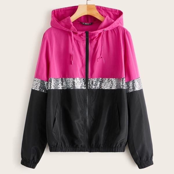 

Colorblock Zip Up Sequin Panel Hooded Jacket