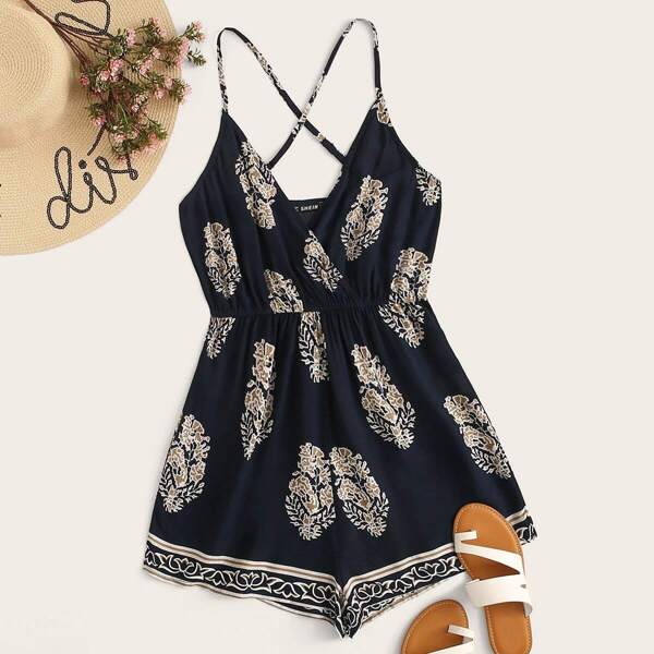 

Crisscross Back Tribal Print Romper