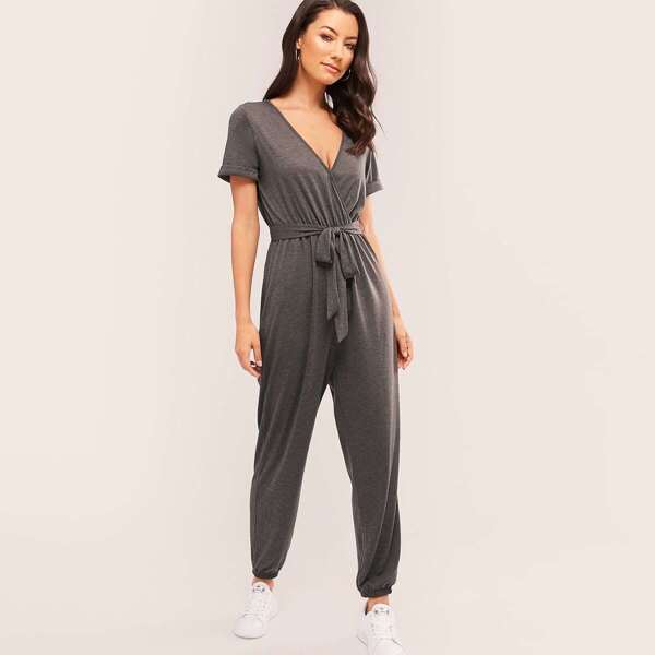 Surplice Neck Rolled Sleeve Belted Jumpsuit