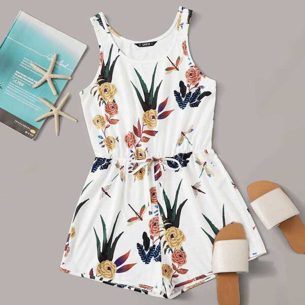 

Floral Print Tie Front Tank Romper, White