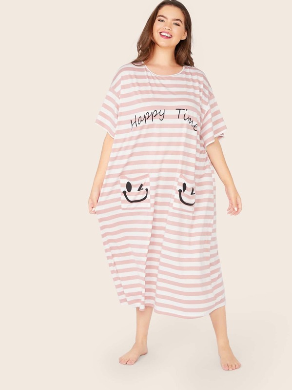 

Plus Striped & Slogan Graphic Pocket Night Dress, Pink, Faith Bowman
