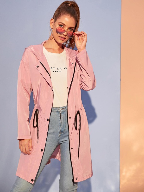 

Button Front Drawstring Waist Hoodie Coat, Pink, Debi Cruz