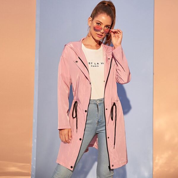 

Button Front Drawstring Waist Hoodie Coat, Pink pastel