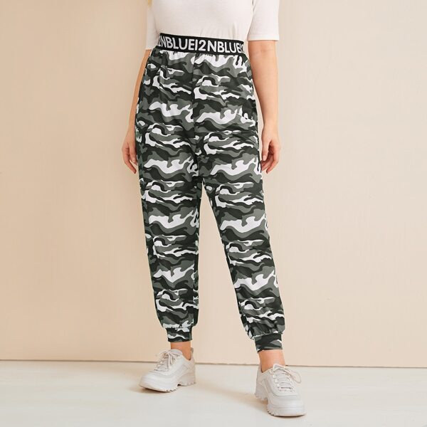 

Plus Letter Tape Waist Camo Print Sweatpants, Multicolor