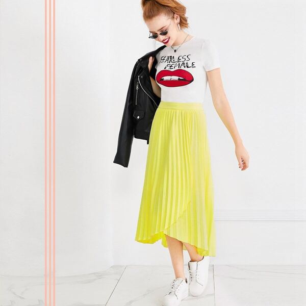 

Asymmetrical Hem Pleated Skirt, Yellow bright
