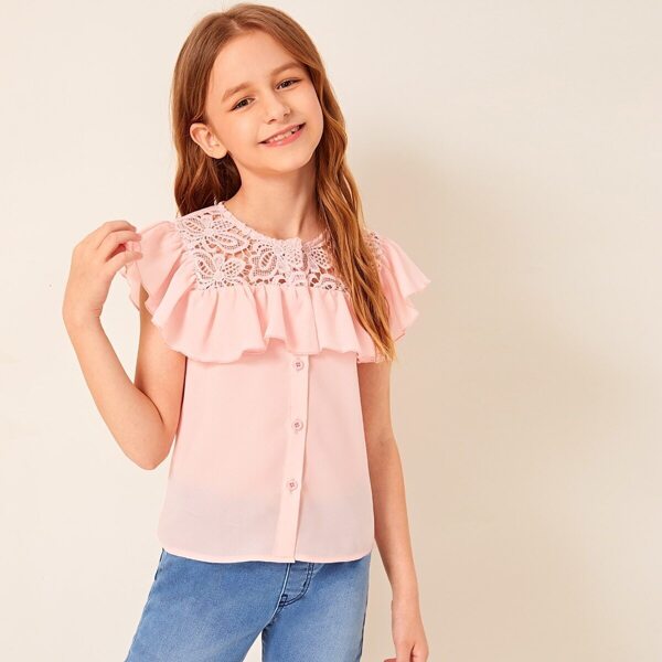 

Girls Guipure Lace Yoke Ruffle Trim Blouse