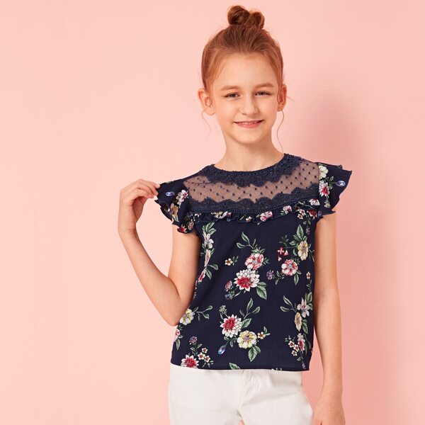 

Girls Floral Print Mesh Insert Top