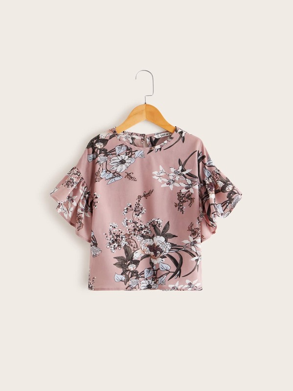 

Girls Floral Print Flounce Sleeve Top, Pink