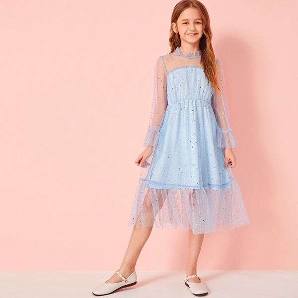 

Girls Keyhole Back Mesh Overlay Flare Dress