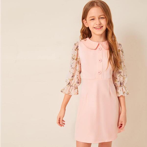 

Girls Zipper Back Peter-pan Collar Chiffon Flounce Sleeve Dress, Pink pastel