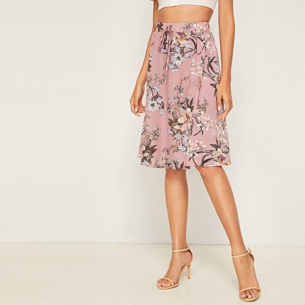 

Knot Elastic Waist Floral Print Skirt, Pink pastel