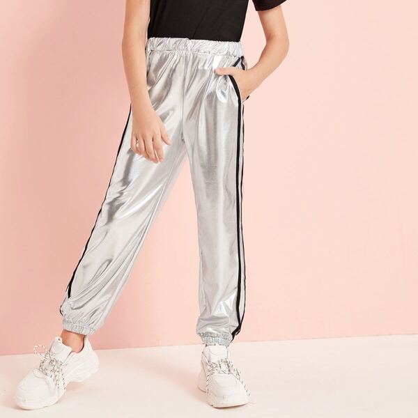 

Girls Striped Tape Metallic Pants, Grey