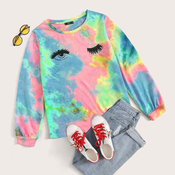

Plus Eyelash and Eye Print Tie Dye Pullover, Multicolor