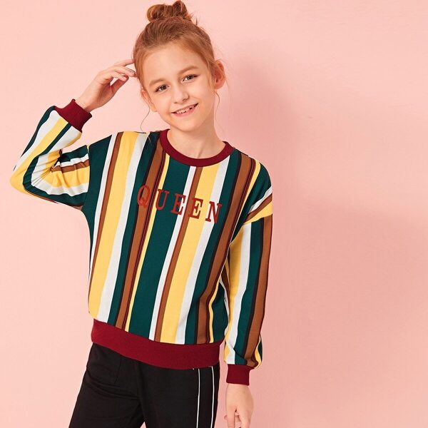 

Girls Drop Shoulder Letter Print Colorful Striped Pullover, Multicolor