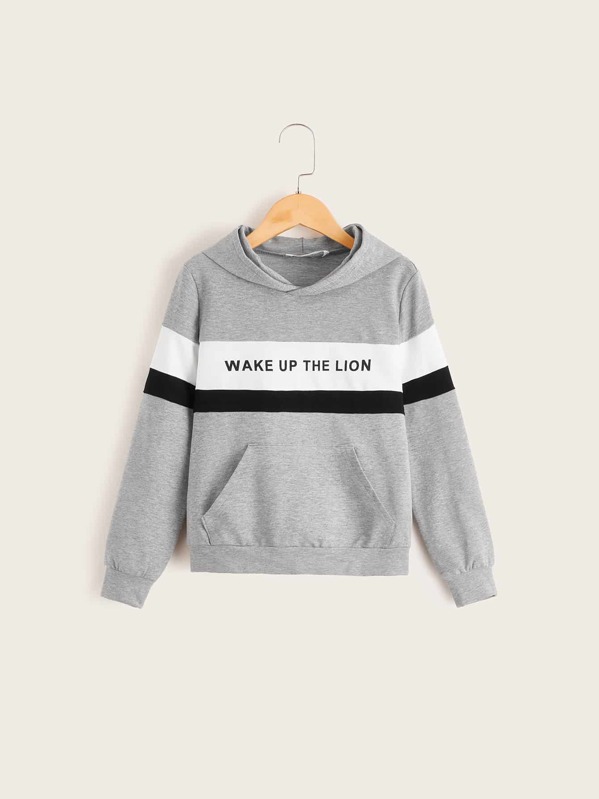 

Boys Cut-and-sew Slogan Print Patch Pocket Hoodie, Grey