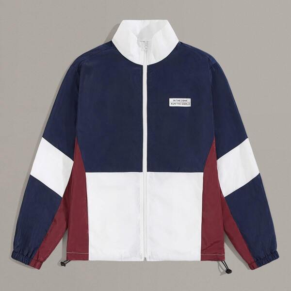 

Men Zip Up Slogan Print Colorblock Jacket, Multicolor