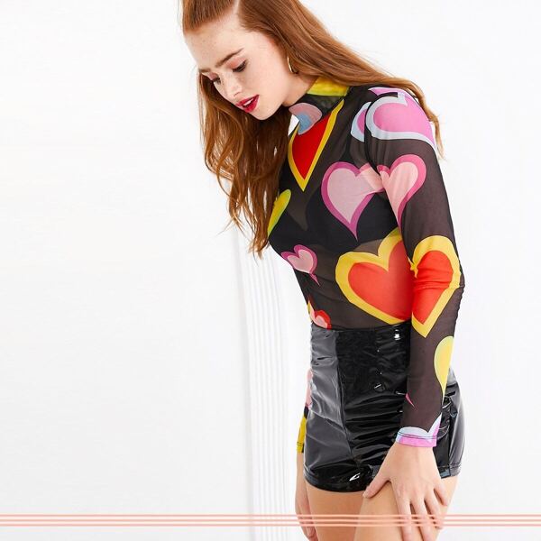 

Mock Neck Heart Print Mesh Top Without Bra