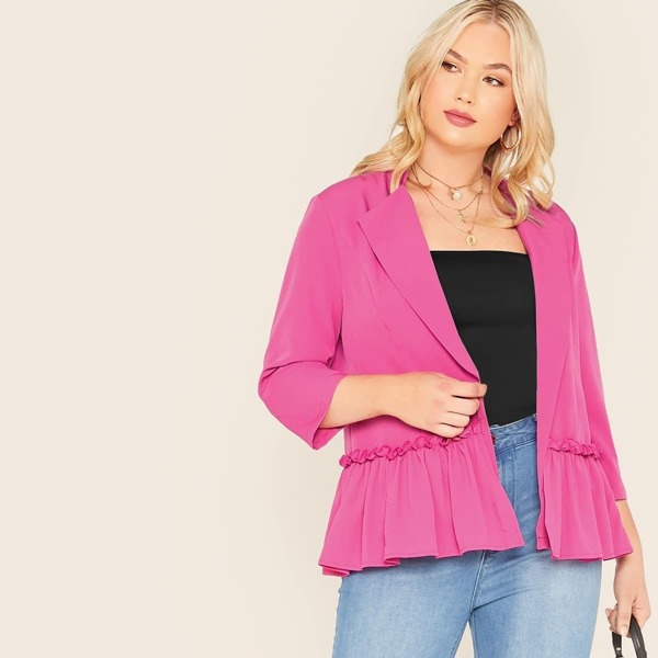 

Plus Open Front Waterfall Collar Frill Trim Blazer, Pink