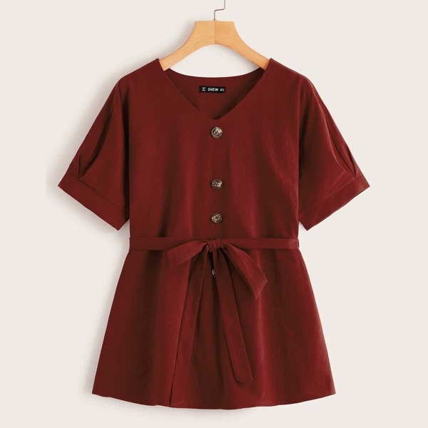 

V-neck Button Front Belted Top, Burgundy