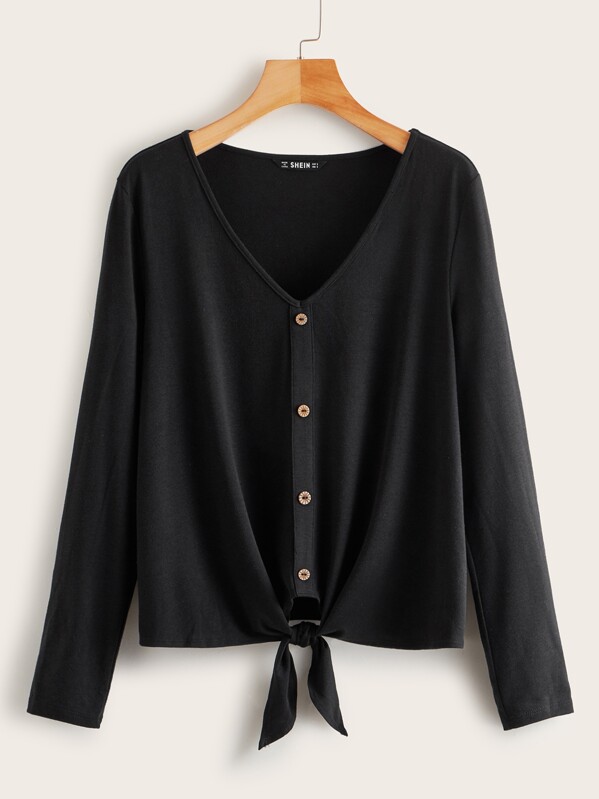 

Button Detail Tie Hem Top, Black, Luiza