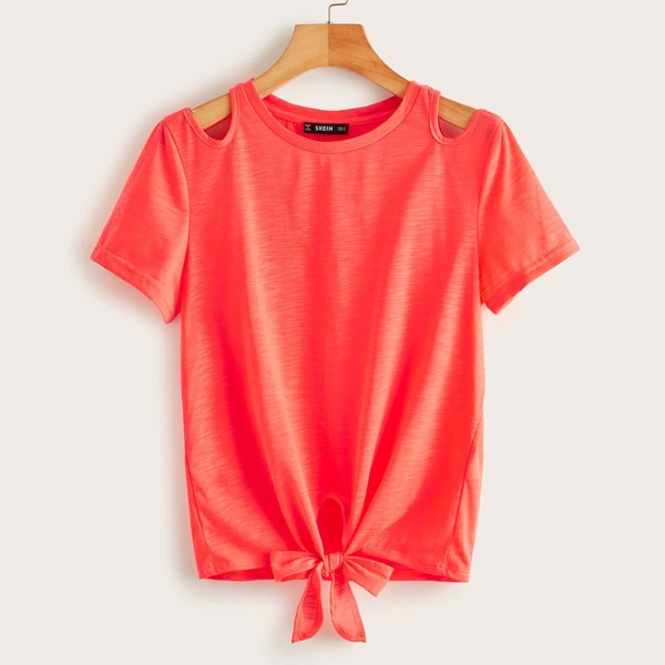 

Neon Orange Cut Out Shoulder Knot Hem Top