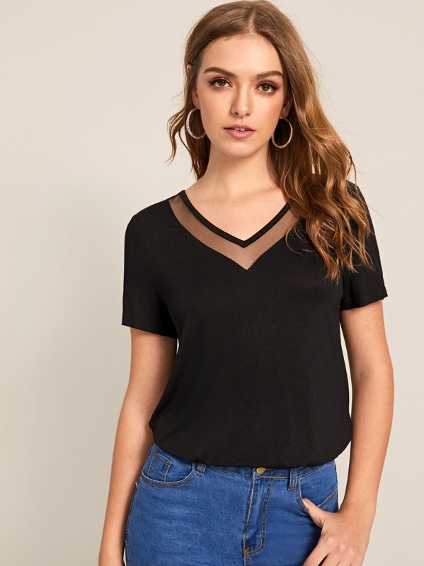 

V-neck Mesh Insert Top, Black, Luiza