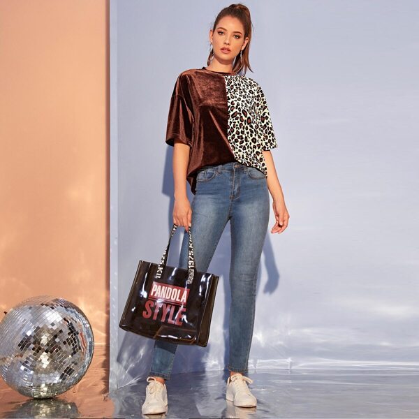 

Drop Shoulder Leopard Panel Velvet Top, Multicolor