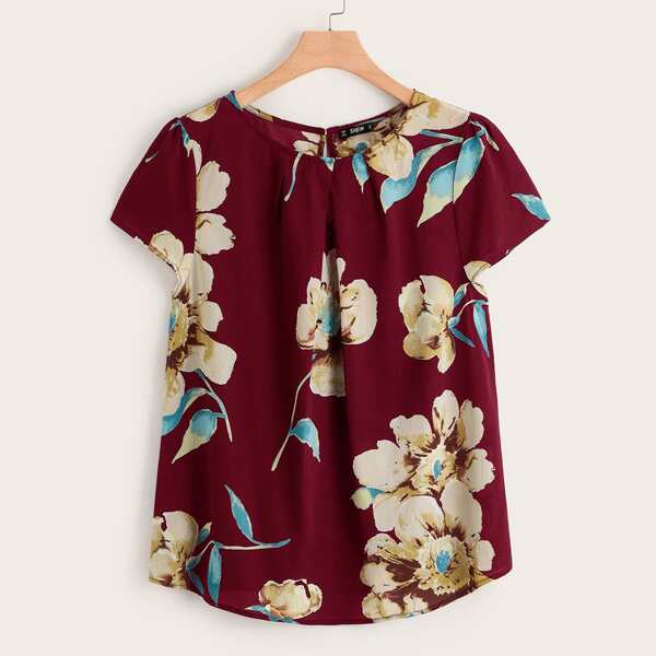 

Keyhole Back Gathered Neck Floral Print Top