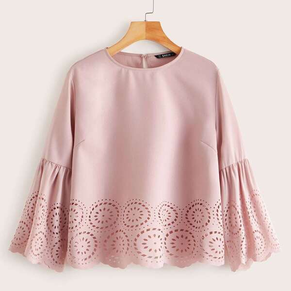 

Bell Sleeve Scallop Edge Laser Cut Solid Top