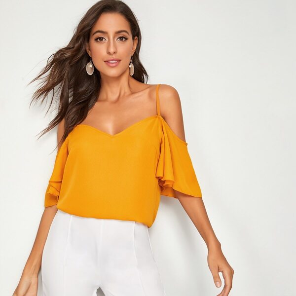 

Solid Open-Shoulder Flounce Top, Yellow bright