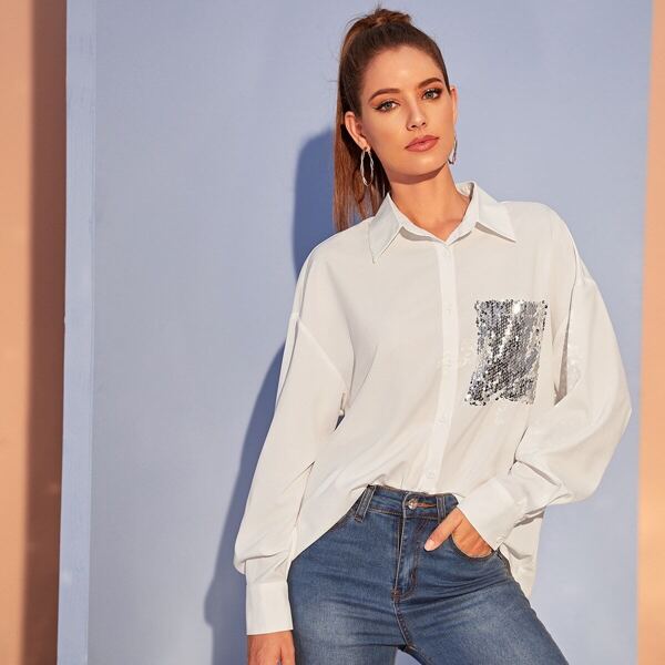 

High Low Hem Sequin Pocket Shirt, White