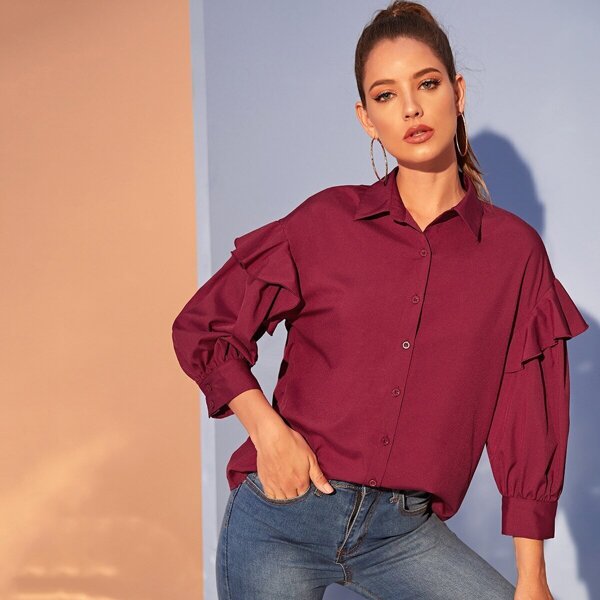 

Solid Ruffle Trim Shirt, Burgundy