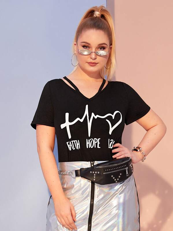 

Plus Cut Out Letter and Graphic Print Top, Black, Nora