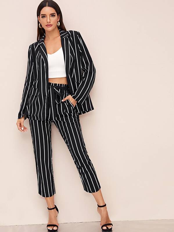 

Notch Collar Striped Blazer & Paperbag Waist Belted Pants Set, Black, Juliana