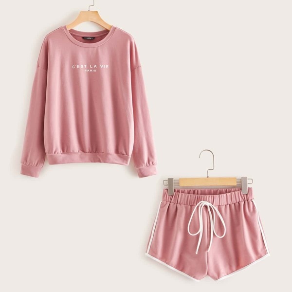 

Slogan Print Pullover & Contrast Binding Shorts Set