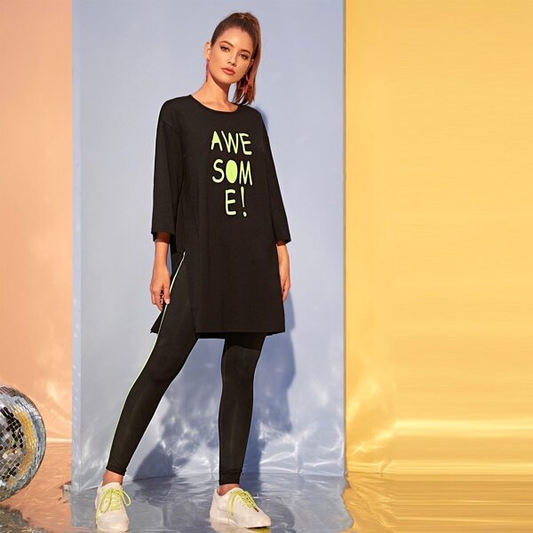 

Neon Lime Letter Print Top & Side Striped Leggings Set, Black