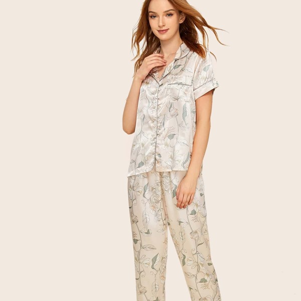

Floral Print Satin PJ Set