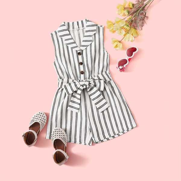 

Toddler Girls Striped Half Button Belted Shirt Romper