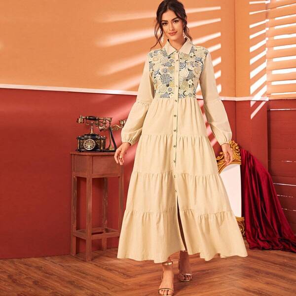 

Floral Print Button Through Shirt Dress, Beige