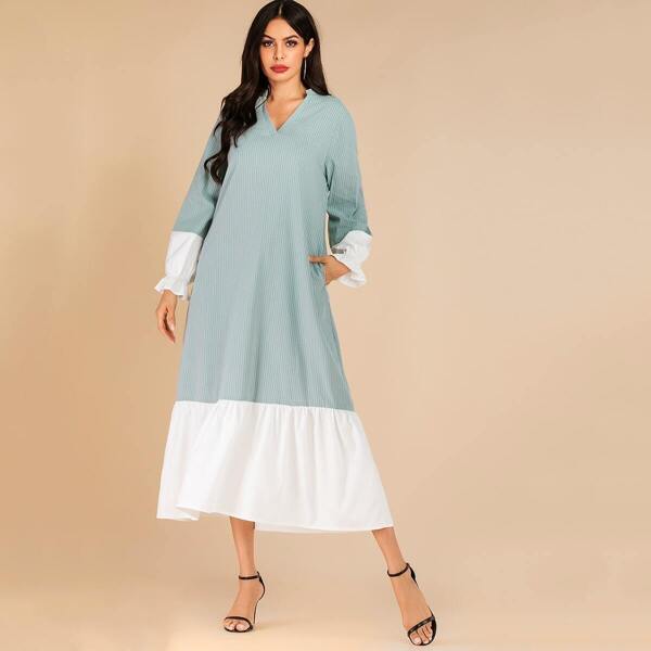 

Flounce Sleeve Contrast Ruffle Hem Striped Dress, Blue