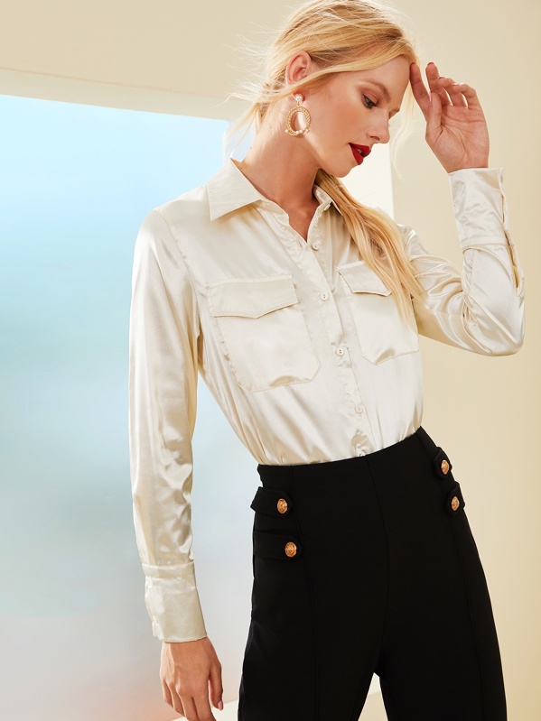 

Satin Flap Pockets Solid Blouse, Beige, Denisa