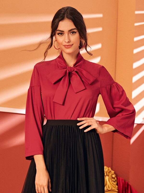 

Tie Neck Ruched Sleeve Solid Blouse, Red, Carol A