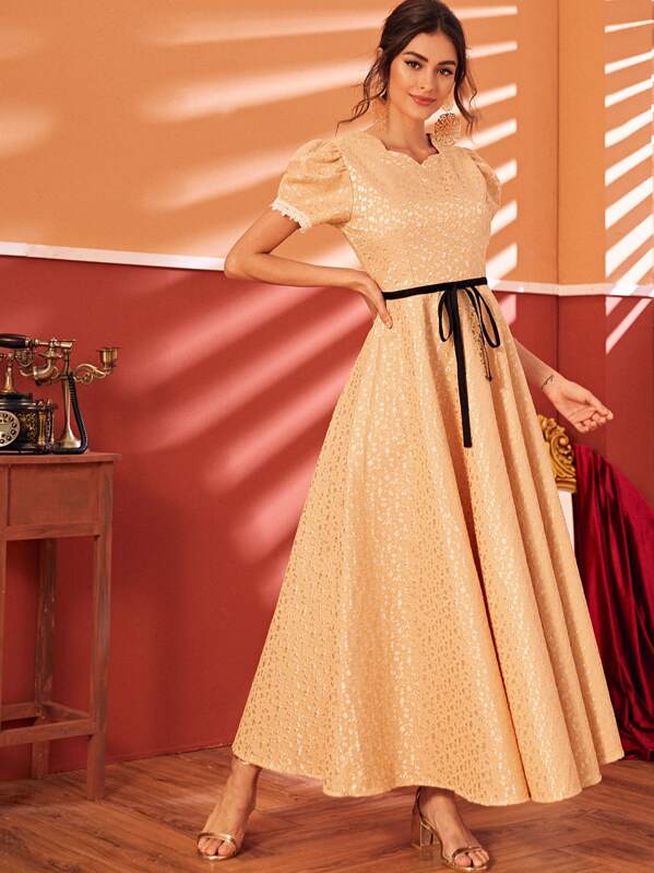 

Tape Tie Front Puff Sleeve Maxi Formal Dress, Orange, Carol A