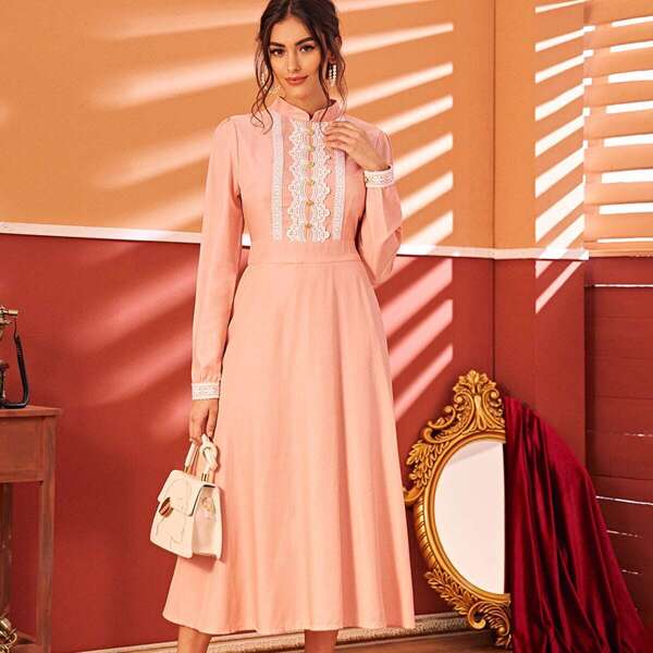 

Lace Panel Button Front Fit And Flare Dress, Pink