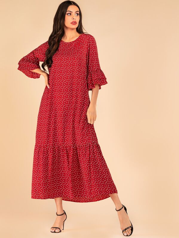 

Confetti Heart Print Flounce Sleeve Ruffle Hem Dress, Red