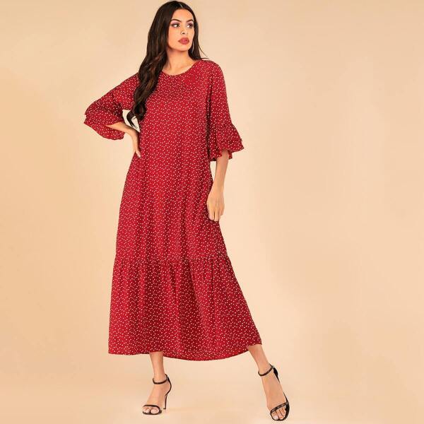

Confetti Heart Print Flounce Sleeve Ruffle Hem Dress, Red