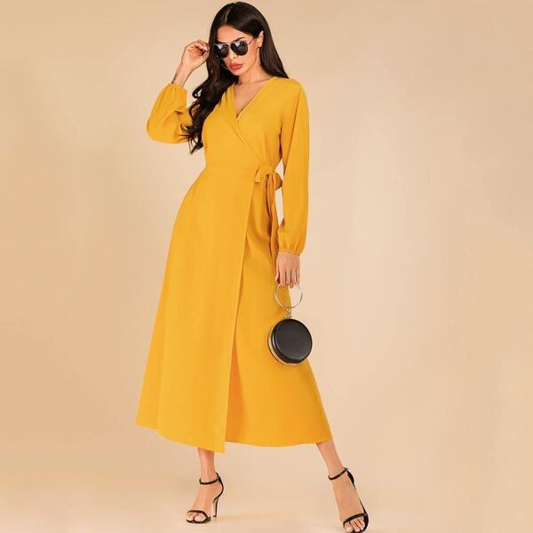 

Solid V-neck Tie Side Wrap Dress, Yellow
