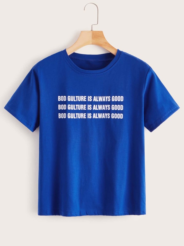 

Slogan Print Short Sleeve Tee, Blue