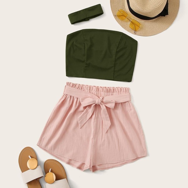 

Solid Tube Top & Belted Shorts & Choker